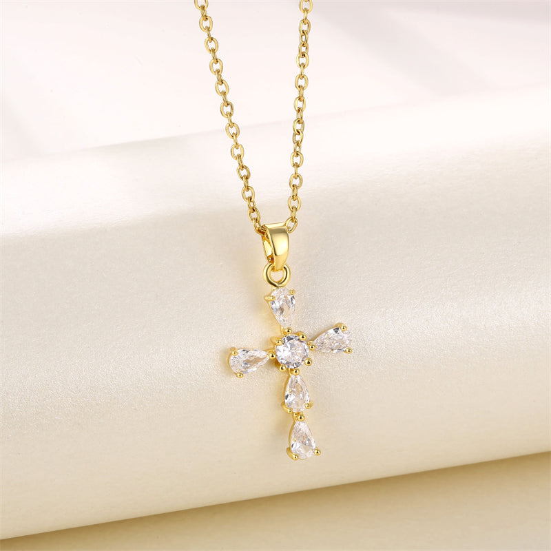 201 Stainless Steel Brass 18K Gold Plated Shiny Plating Inlay Cross Water Droplets Heart Shape Zircon Pendant Necklace