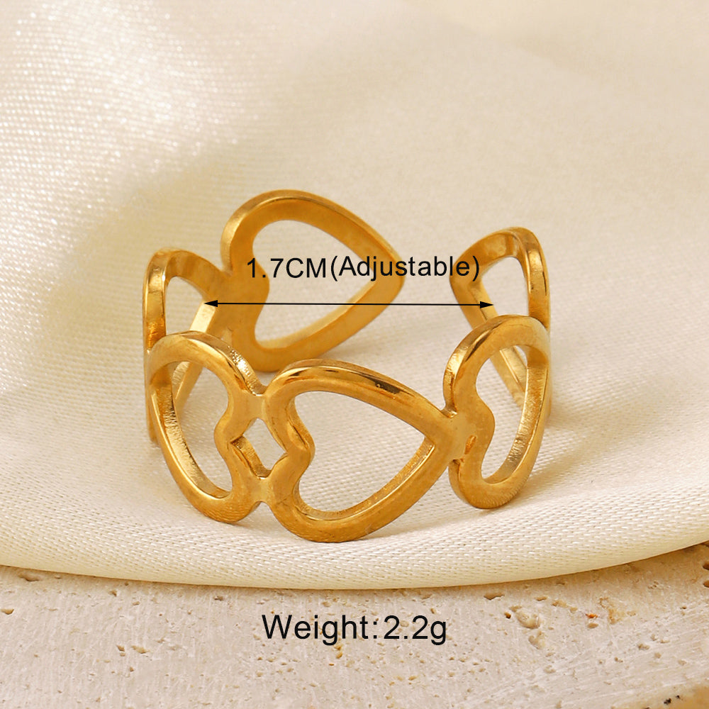 304 Stainless Steel 18K Gold Plated Simple Style Hollow Out Leaves Heart Shape Lines Open Rings