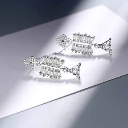1 Pair IG Style Shiny Fish Bone Inlay Copper Zircon Drop Earrings