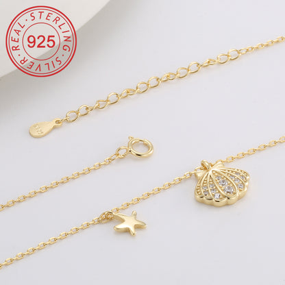 Sterling Silver 14K Gold Plated Simple Style Commute Inlay Circle Star Shell Zircon Pendant Necklace