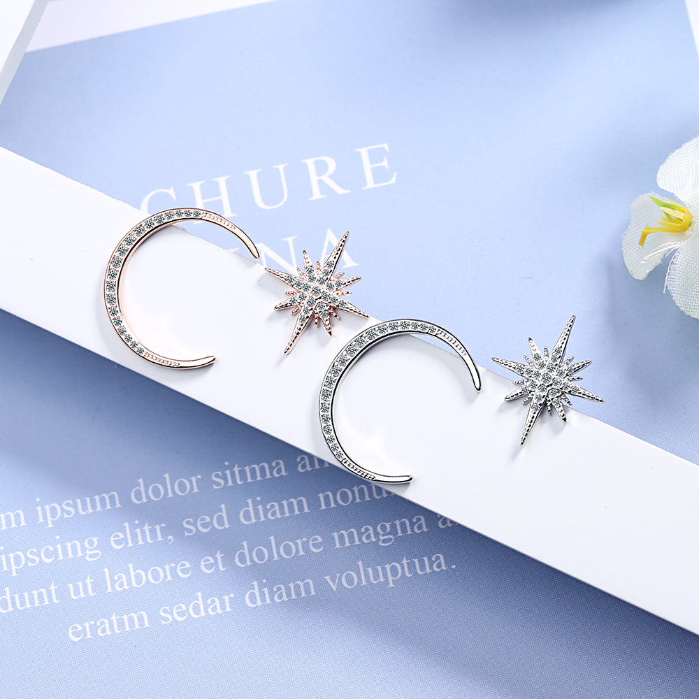 1 Pair Simple Style Shiny Star Moon Asymmetrical Inlay Copper Zircon Ear Studs