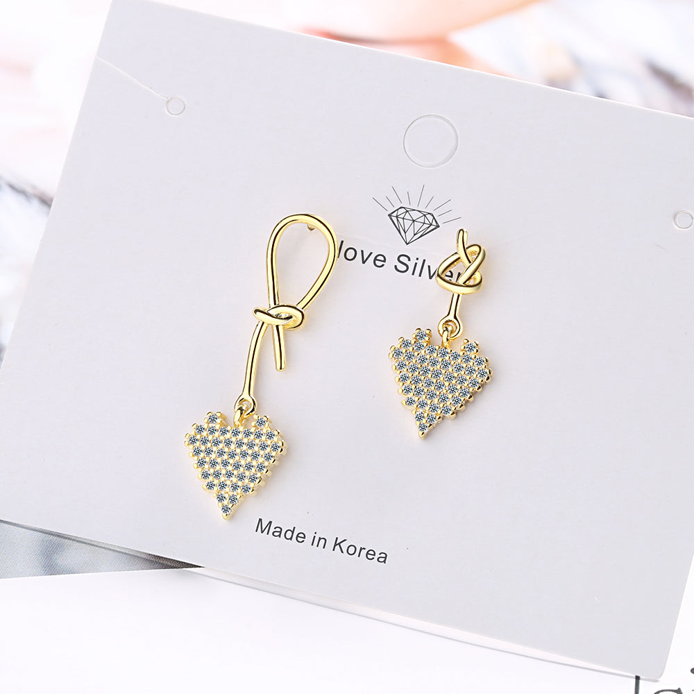 1 Pair Simple Style Shiny Heart Shape Knot Asymmetrical Inlay Copper Zircon Drop Earrings