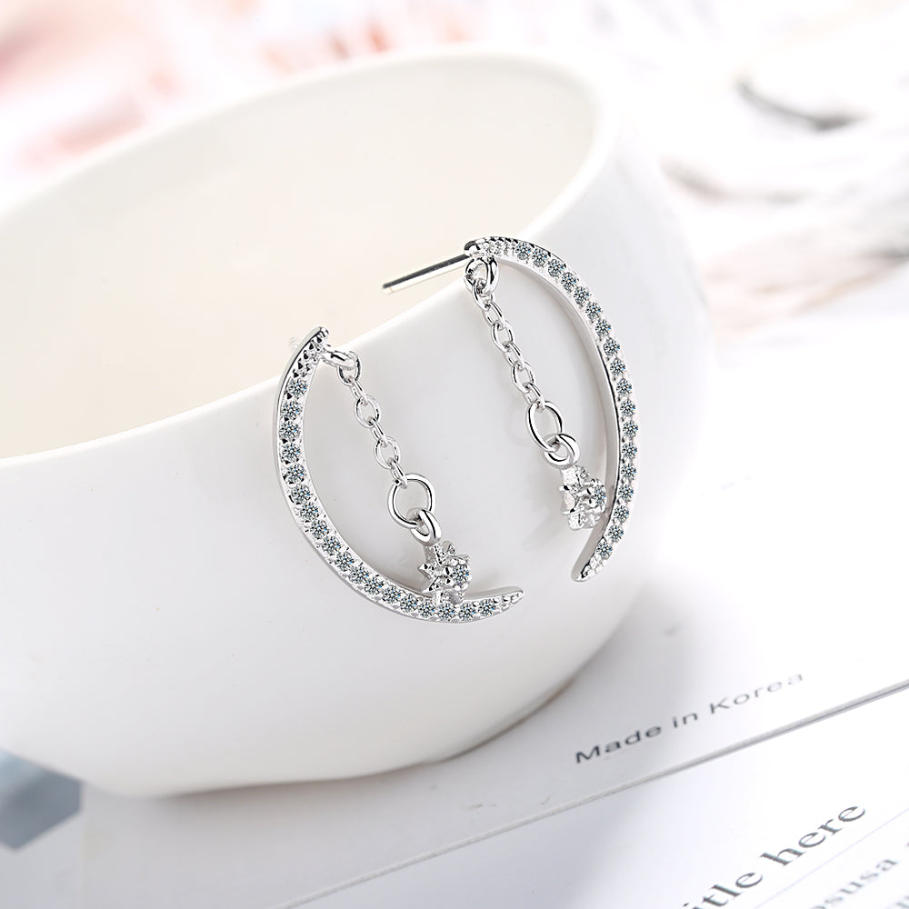 1 Pair Simple Style Shiny Star Moon Chain Inlay Copper Zircon Ear Studs