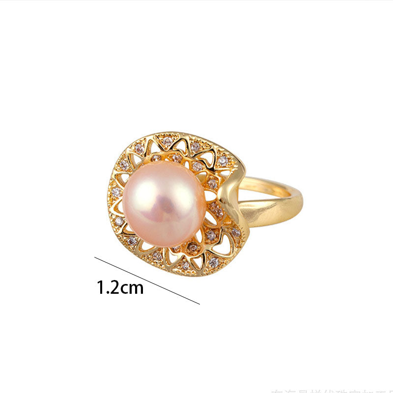 Wholesale Vintage Style Exaggerated Simple Style Round Lotus Leaf HD-18918 Copper Hollow Out Inlay Artificial Pearls Zircon Open Rings