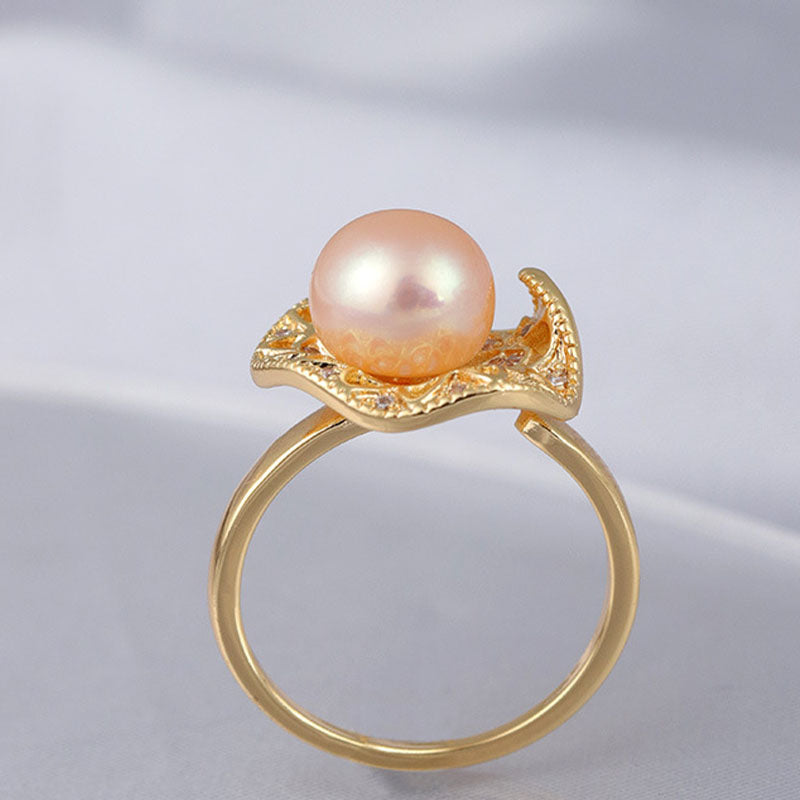 Wholesale Vintage Style Exaggerated Simple Style Round Lotus Leaf HD-18918 Copper Hollow Out Inlay Artificial Pearls Zircon Open Rings