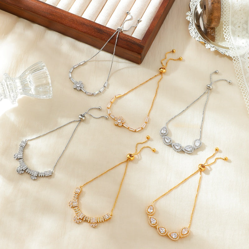 Copper 18K Gold Plated Elegant Simple Style Inlay Water Droplets Flower Zircon Bracelets