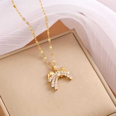 304 Stainless Steel Copper Sweet Shiny Plating Hollow Out Inlay Bow Knot Zircon Pendant Necklace