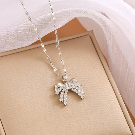 304 Stainless Steel Copper Sweet Shiny Plating Hollow Out Inlay Bow Knot Zircon Pendant Necklace