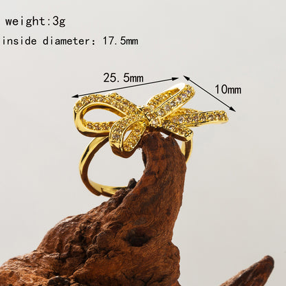 Wholesale Casual Cute Bow Knot Copper Plating Inlay 18K Gold Plated Zircon Open Rings