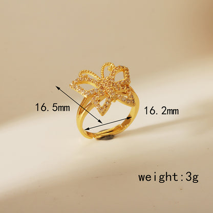 Wholesale Casual Cute Bow Knot Copper Plating Inlay 18K Gold Plated Zircon Open Rings