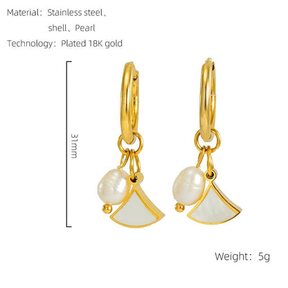 1 Pair Casual Simple Style Triangle Star Heart Shape Pearl Inlay Titanium Steel Shell 18K Gold Plated Drop Earrings