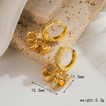 1 Pair Simple Style Water Droplets Bow Knot Plating Inlay Copper Zircon 18K Gold Plated Drop Earrings