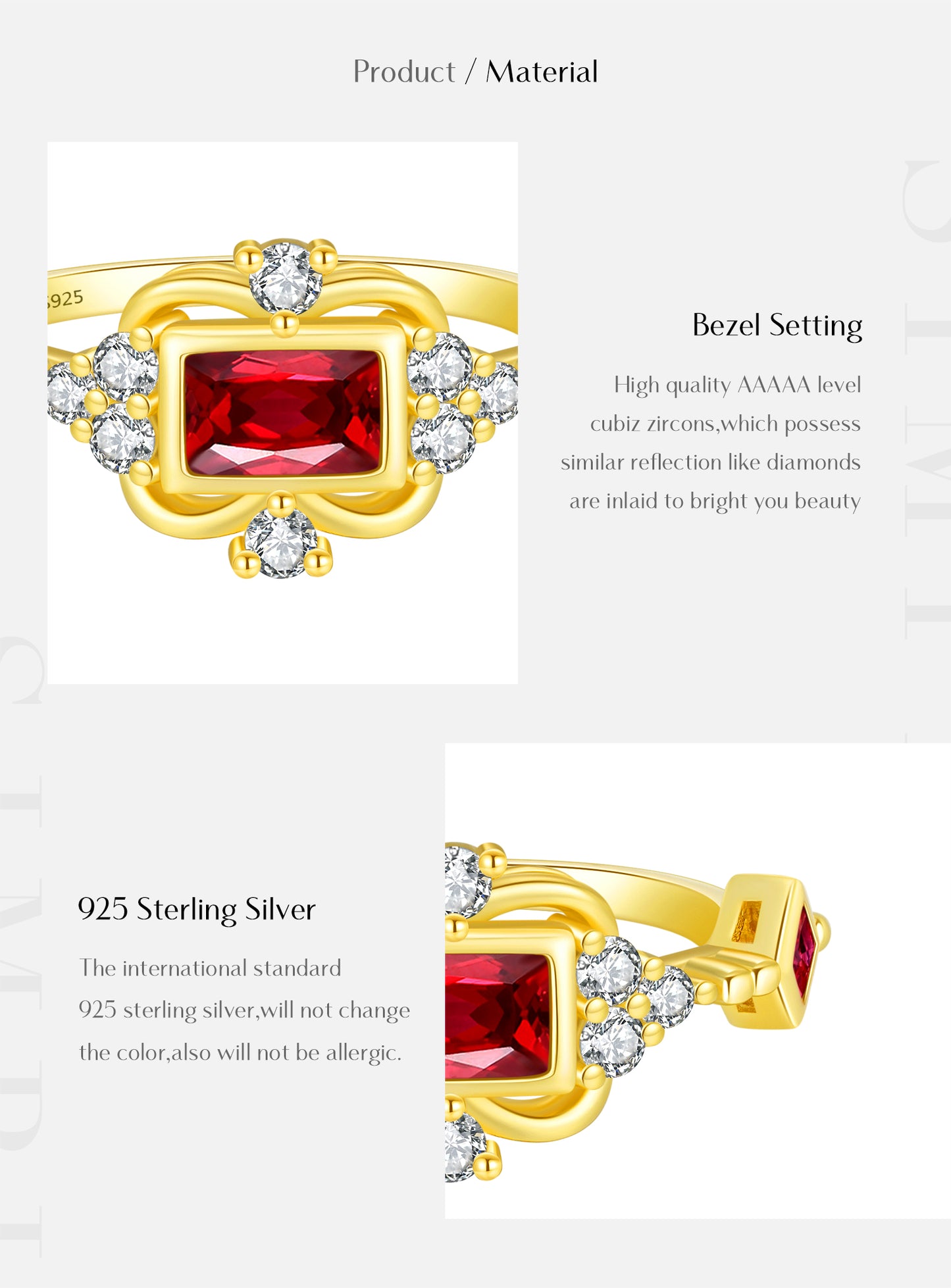 Sterling Silver 14K Gold Plated Elegant Retro French Style Plating Inlay Square Zircon Rings