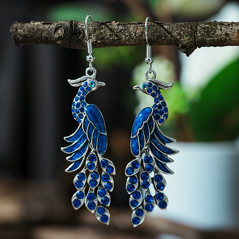 Fashion Ethnic Long Diamond Peacock Alloy Earrings