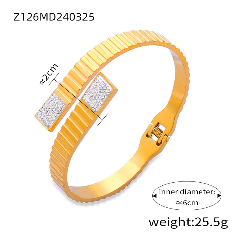 Titanium Steel 18K Gold Plated Retro Simple Style Plating Inlay Crown Bamboo Rhinestones Bangle