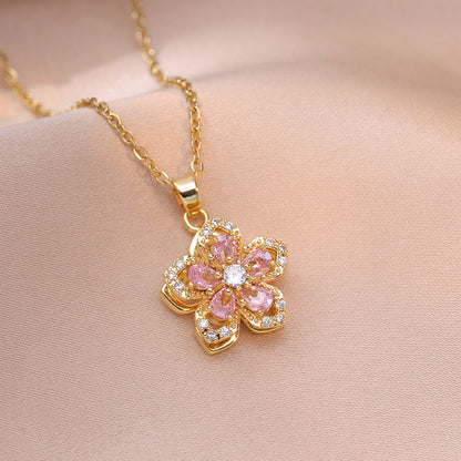 Sweet Flower Titanium Steel Plating Inlay Pendant Necklace