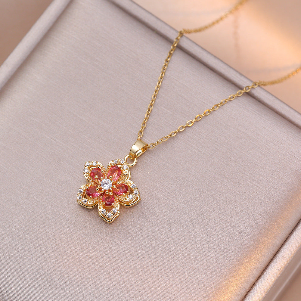 Sweet Flower Titanium Steel Plating Inlay Pendant Necklace