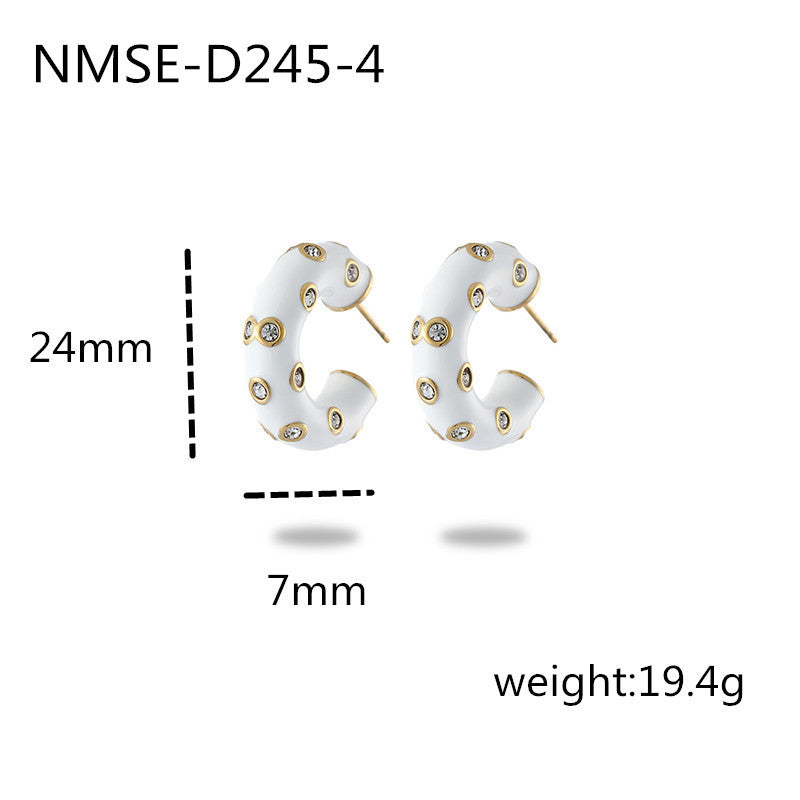 304 Stainless Steel Simple Style Enamel Plating Inlay C Shape Heart Shape Zircon Drop Earrings Ear Studs