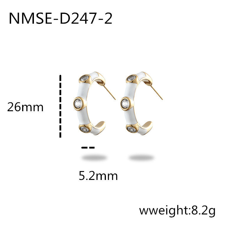 304 Stainless Steel Simple Style Enamel Plating Inlay C Shape Heart Shape Zircon Drop Earrings Ear Studs