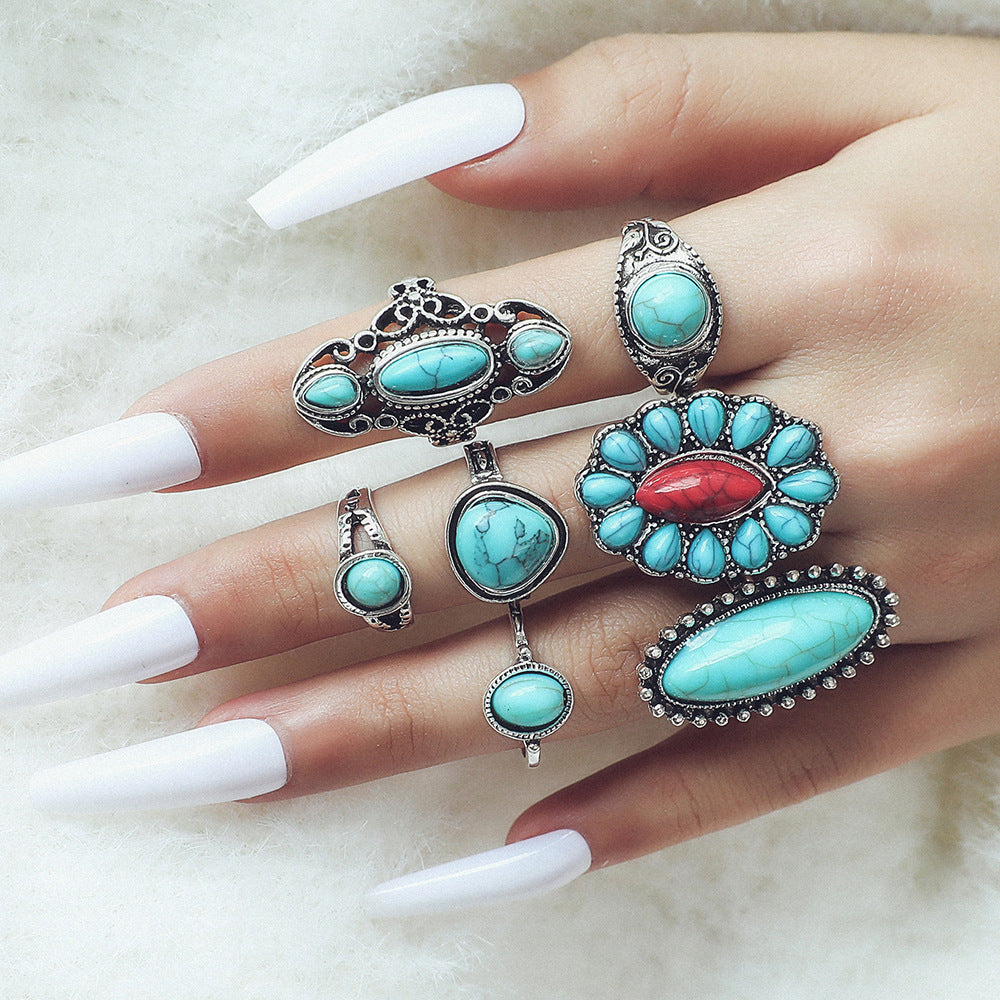 Exaggerated Ethnic Style Cool Style Leaf Round Snake Alloy Plating Inlay Turquoise Women's Rings