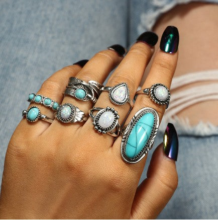 Exaggerated Ethnic Style Cool Style Leaf Round Snake Alloy Plating Inlay Turquoise Women's Rings