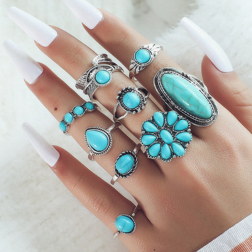 Exaggerated Ethnic Style Cool Style Leaf Round Snake Alloy Plating Inlay Turquoise Women's Rings