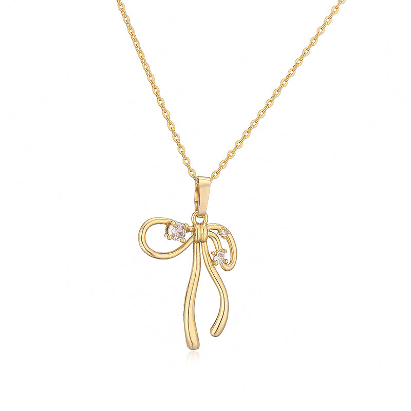 Copper Casual Elegant Simple Style Inlay Bow Knot Artificial Pearls Zircon Pendant Necklace