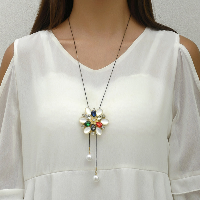 Wholesale Jewelry Sweet Shiny Flower Alloy Rhinestones Pearl Plating Inlay Sweater Chain Long Necklace