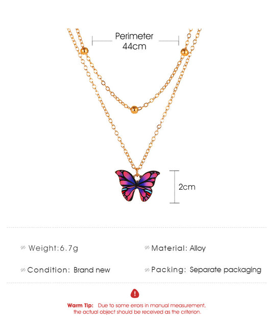 Retro Double Bead Butterfly Pendant Necklace Fashion Dream Color Butterfly Clavicle Chain Women