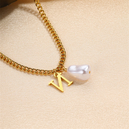 304 Stainless Steel Titanium Steel IG Style Simple Style Pearl Letter Pendant Necklace