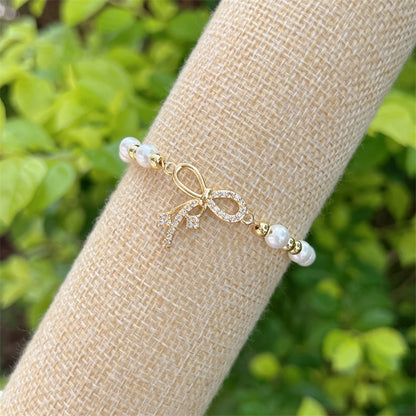 Wholesale Jewelry Sweet Simple Style Classic Style Bow Knot Artificial Pearl Copper Artificial Pearls Copper Zircon 18K Gold Plated Plating Inlay Bracelets