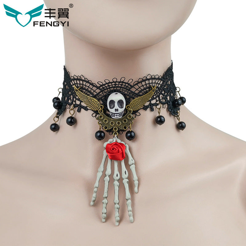 Vintage Style Punk Hand Flower Skull Alloy Lace Halloween Women's Choker