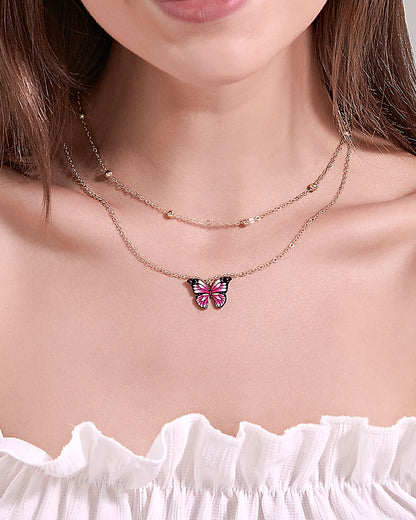 Retro Double Bead Butterfly Pendant Necklace Fashion Dream Color Butterfly Clavicle Chain Women