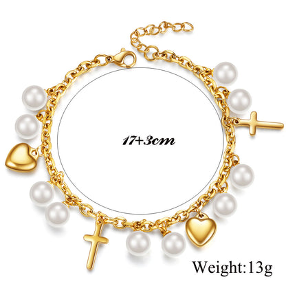 New Titanium Steel Cross Heart Pearl Pendant Bracelet