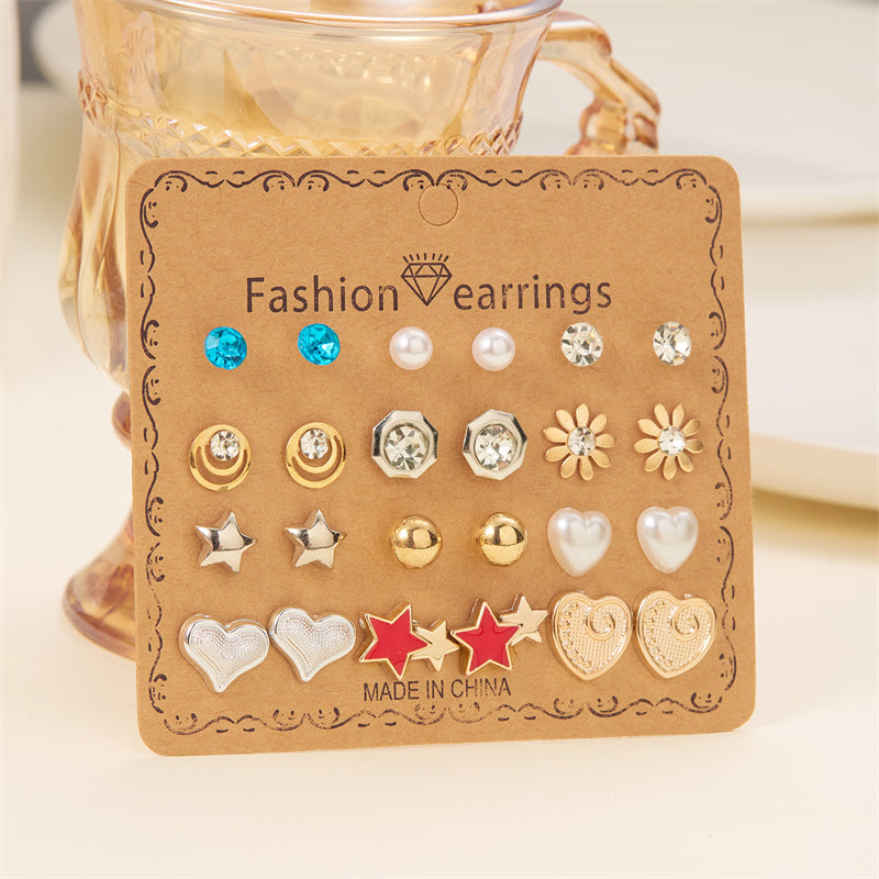 12 Pairs Casual Simple Style Pentagram Heart Shape Bow Knot Inlay Alloy Artificial Rhinestones Ear Studs