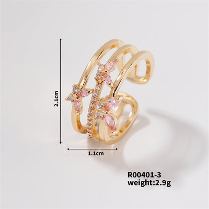 Copper K Gold Plated Rhodium Plated IG Style Shiny Inlay Butterfly Zircon Open Rings