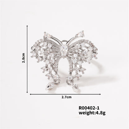 Copper K Gold Plated Rhodium Plated Sweet Simple Style Artistic Inlay Butterfly Zircon Open Rings