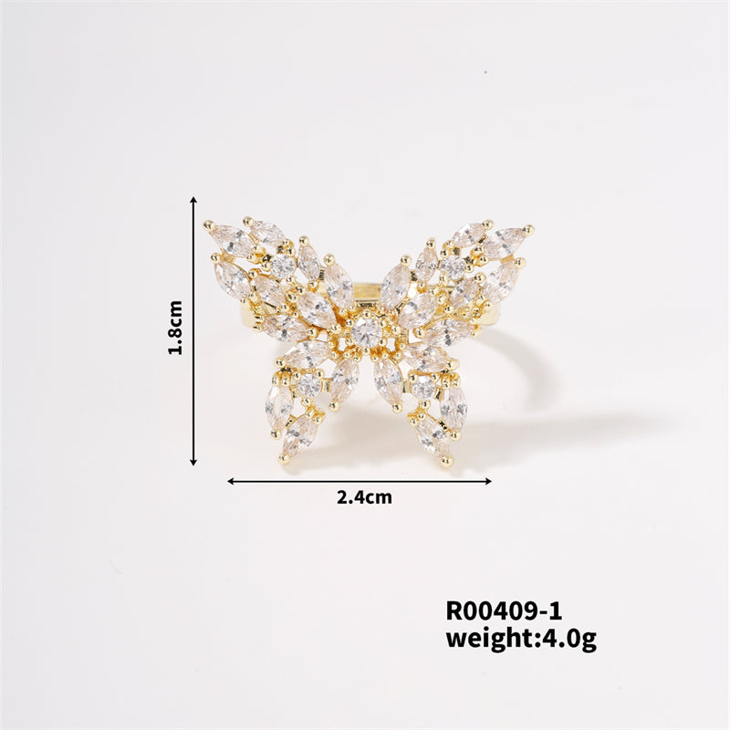 Copper K Gold Plated Rhodium Plated Sweet Simple Style Artistic Inlay Butterfly Zircon Open Rings