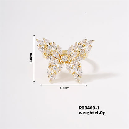 Copper K Gold Plated Rhodium Plated Sweet Simple Style Artistic Inlay Butterfly Zircon Open Rings