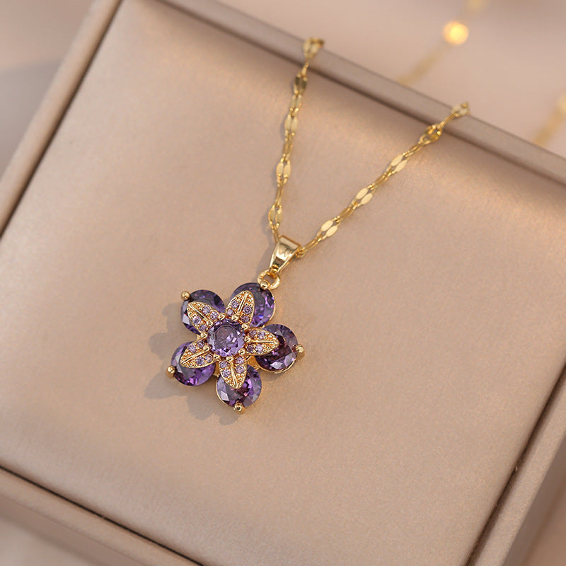 Titanium Steel Copper Elegant Diamond Flower Pendant Necklace