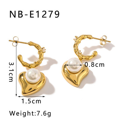 1 Pair Elegant French Style Classic Style C Shape Heart Shape Flower Epoxy Inlay 304 Stainless Steel Artificial Pearls 18K Gold Plated Drop Earrings