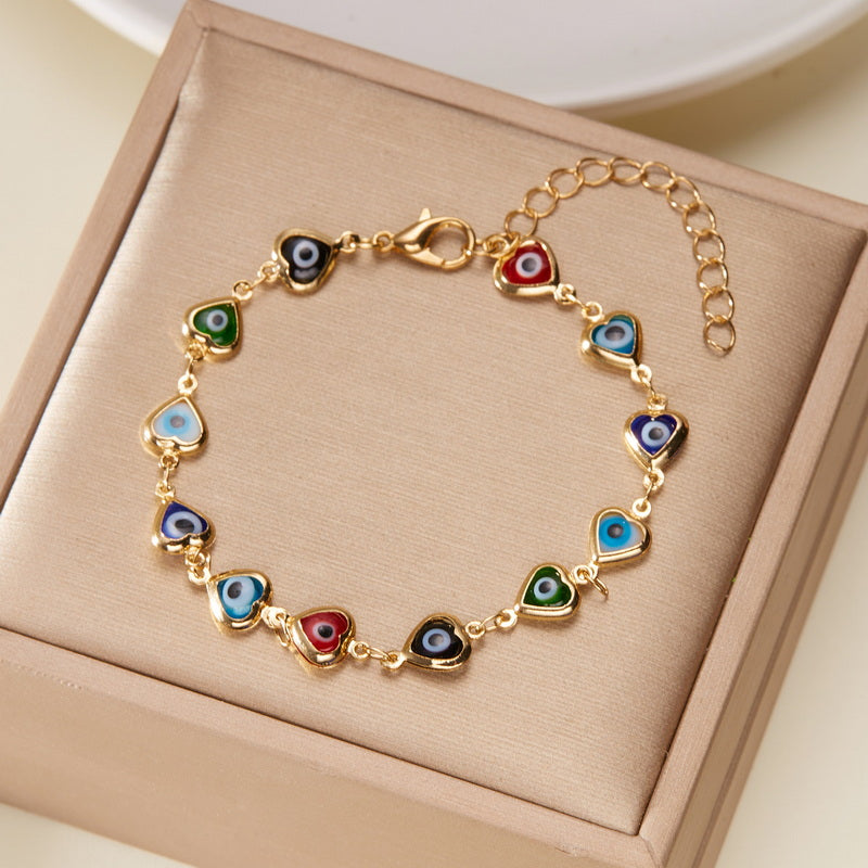 Copper Casual Pastoral Classic Style Enamel Inlay Heart Shape Eye Artificial Rhinestones Bracelets