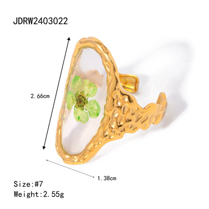 Wholesale Jewelry Sweet Artistic Four Leaf Clover Oval Flower 304 Stainless Steel 18K Gold Plated Rings