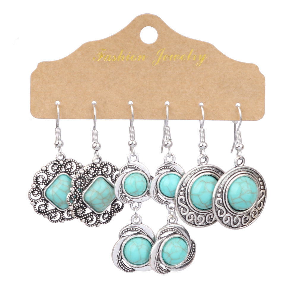 1 Set Casual Ethnic Style Geometric Inlay Alloy Turquoise Rhinestones Drop Earrings