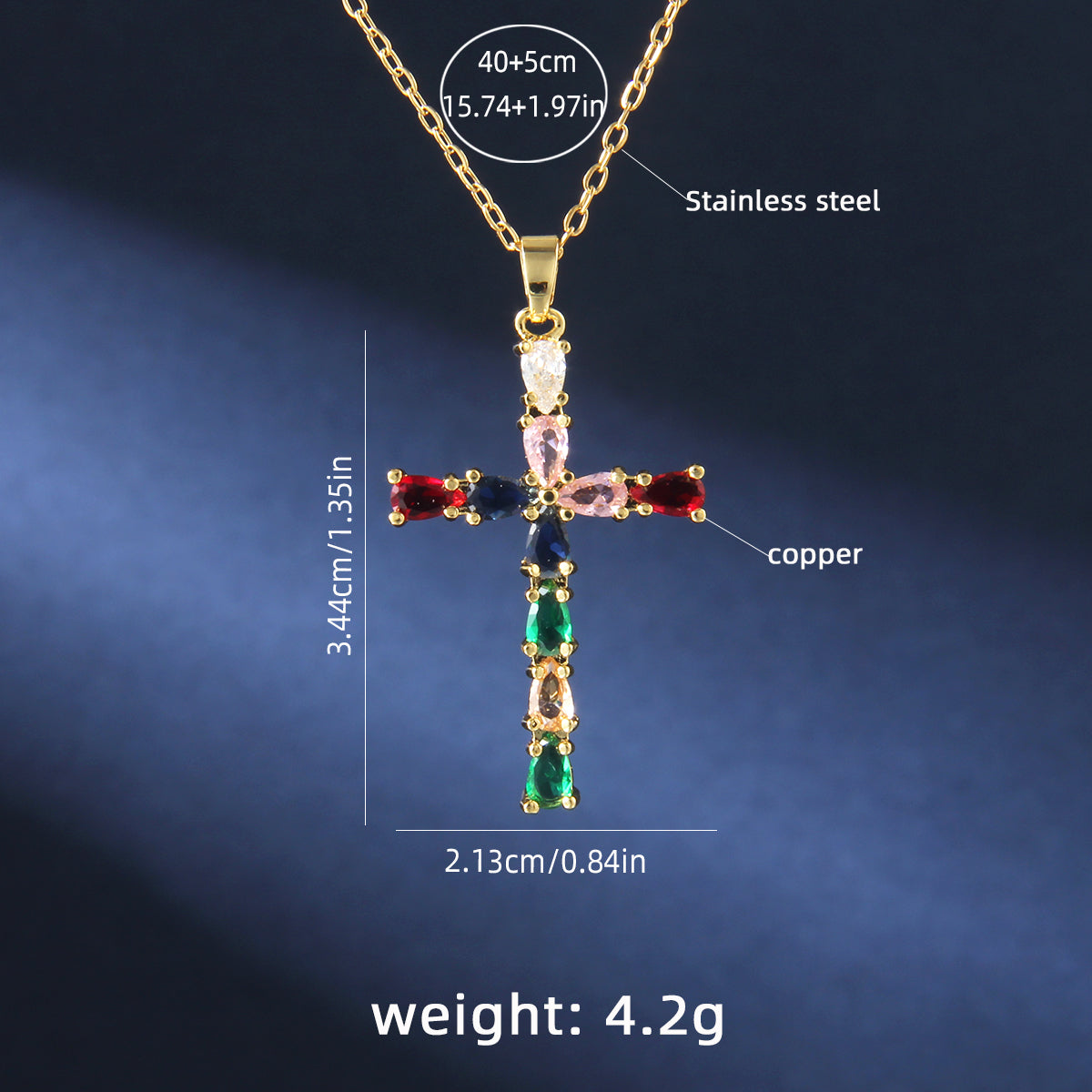 201 Stainless Steel Copper Gold Plated Retro Luxurious Commute Inlay Cross Zircon Pendant Necklace