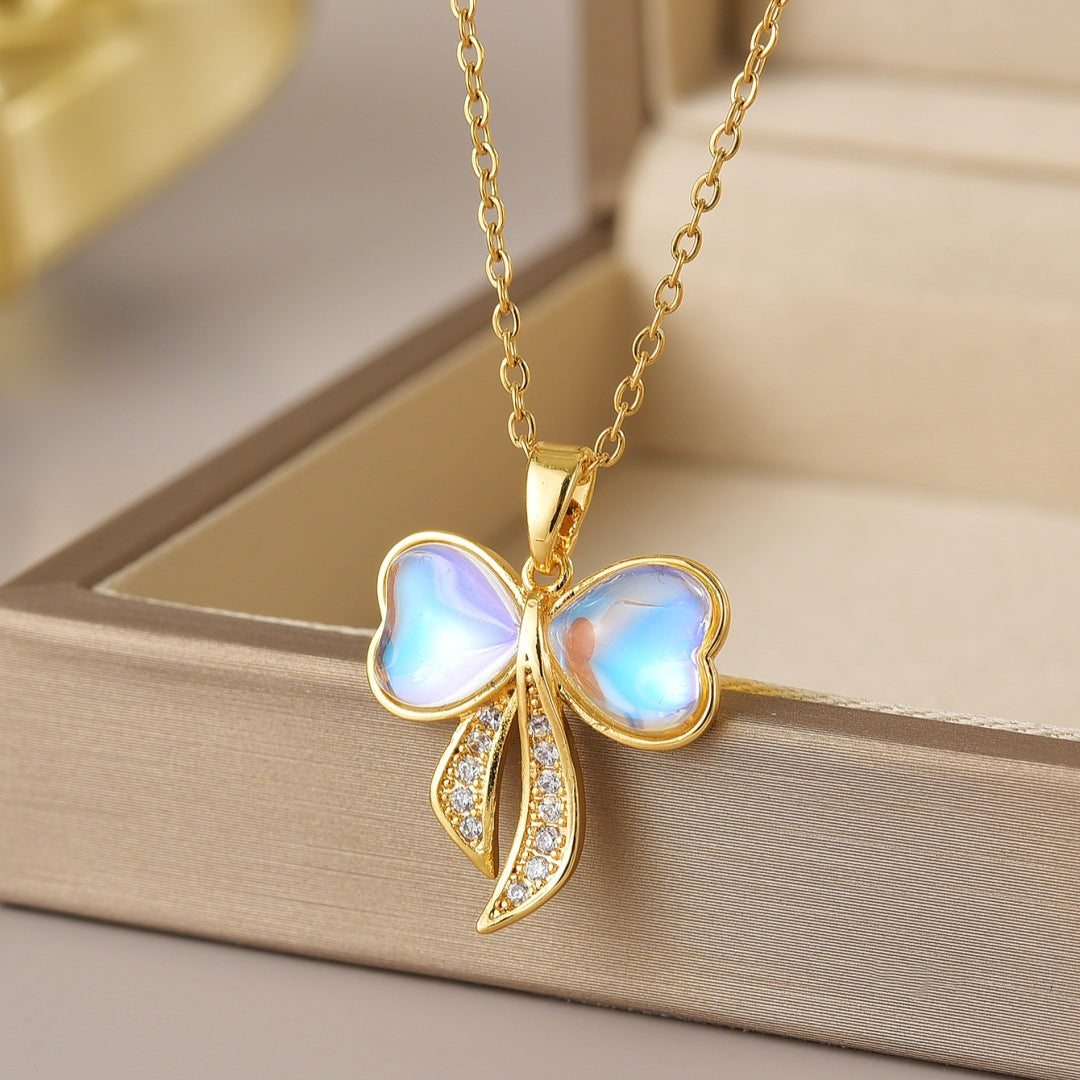 Wholesale Jewelry Simple Style Heart Shape Flower Butterfly Titanium Steel Gem Irregular Plating Pendant Necklace