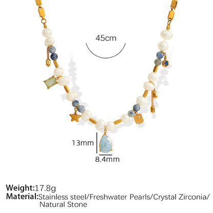 Retro Shiny Water Droplets 304 Stainless Steel Natural Stone Freshwater Pearl 18K Gold Plated Artificial Crystal Pendant Necklace In Bulk