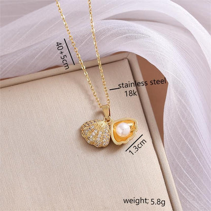 Wholesale Jewelry Casual Sweet Shell 304 Stainless Steel Pearl Zircon 18K Gold Plated Inlay Pendant Necklace