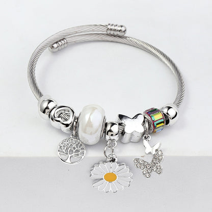 Pastoral Life Tree Butterfly Daisy 304 Stainless Steel Alloy Plastic Wholesale Bangle