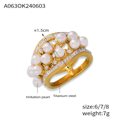 Wholesale Jewelry Elegant Simple Style Circle Round Lines 304 Stainless Steel Artificial Pearls Rhinestones 18K Gold Plated Layered Plating Inlay Rings